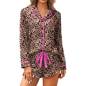 image:imageEkouaer Satin Pajamas Set for Women 2 Piece Silky Long Sleeve and Ruffle Shorts Pajamas Button Down Pjs Loungewear SetLeopard