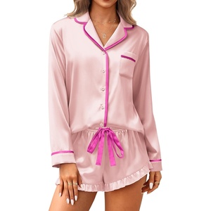 image:imageEkouaer Satin Pajamas Set for Women 2 Piece Silky Long Sleeve and Ruffle Shorts Pajamas Button Down Pjs Loungewear SetPink