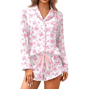 image:imageEkouaer Satin Pajamas Set for Women 2 Piece Silky Long Sleeve and Ruffle Shorts Pajamas Button Down Pjs Loungewear SetPink Love Bow Flowers