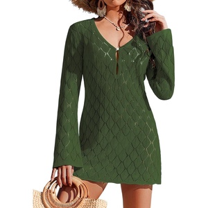 image:imageEkouaer Swimsuit Coverup for Women Crochet Beach Cover Up Hollow Out Long Sleeve Cover Ups 2026 Summer Vacation OutfitsArmy Green