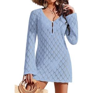 image:imageEkouaer Swimsuit Coverup for Women Crochet Beach Cover Up Hollow Out Long Sleeve Cover Ups 2026 Summer Vacation OutfitsLight Blue