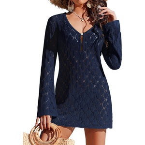 image:imageEkouaer Swimsuit Coverup for Women Crochet Beach Cover Up Hollow Out Long Sleeve Cover Ups 2026 Summer Vacation OutfitsNavy
