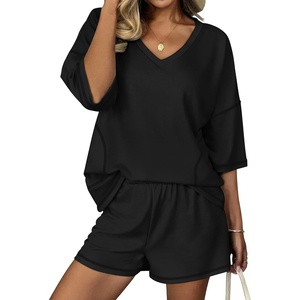 image:imageEkouaer Two Piece Sets for Women Summer Lounge Sets 2026 Striped Shirts and Shorts Set Oversized Matching OutfitBlack