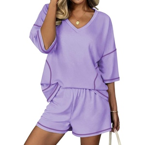 image:imageEkouaer Two Piece Sets for Women Summer Lounge Sets 2026 Striped Shirts and Shorts Set Oversized Matching OutfitLilac
