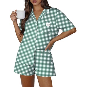 image:imageEkouaer Two Piece Sets for Women Summer Y2K Shirt and Shorts Beach Vacation Cruise Outfits Travel Sweatsuits Lounge SetGreen White Plaid