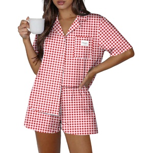 image:imageEkouaer Two Piece Sets for Women Summer Y2K Shirt and Shorts Beach Vacation Cruise Outfits Travel Sweatsuits Lounge SetRed White Plaid