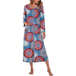 image:imageEkouaer Women Long House Coat Zipper Front Robes Full Length Nightgowns with Pockets Striped Loungewear S4XLBohemian Blue