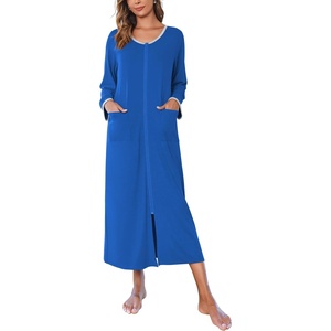 image:imageEkouaer Women Long House Coat Zipper Front Robes Full Length Nightgowns with Pockets Striped LoungewearNavy Small