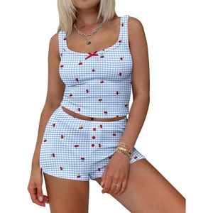 image:imageEkouaer Women Pajama Set 2 Pieces Tank Top and Shorts Cami Sleepwear Loungewear Ribbed Knit Pjs Sets Soft LingeriePlaidcherry
