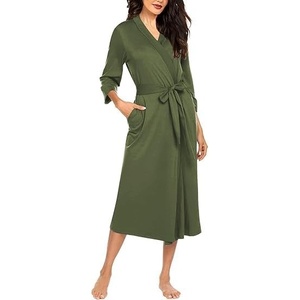 image:imageEkouaer Women Robe Long Knit Bathrobe Lightweight Soft Summer kimono Robes Casual Loungewear with Attached beltArmy Green