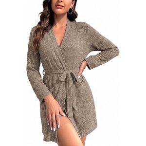 image:imageEkouaer Women Robe Short Lightweight Bathrobe Ribbed Knit Soft Robes Long Sleeve Ladies Sleepwear with PocketsKhaki