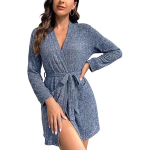 image:imageEkouaer Women Robe Short Lightweight Bathrobe Ribbed Knit Soft Robes Long Sleeve Ladies Sleepwear with PocketsLake Blue