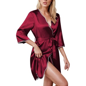 image:imageEkouaer Women Silk Robes Short Satin Bathrobe 34 Sleeve Kimono Bride Robe Valentines Silky Sleepwear with Pockets SXXLWine Red