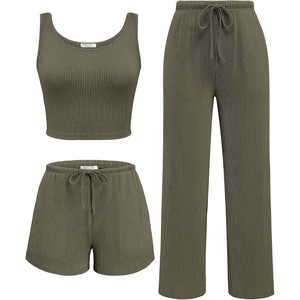 image:imageEkouaer Womens 3 Piece Lounge Set Soft Twisted Rib Knit Summer Vacation Outfits Crop Top Shorts amp Pants Set With PokcetArmy Green
