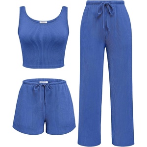image:imageEkouaer Womens 3 Piece Lounge Set Soft Twisted Rib Knit Summer Vacation Outfits Crop Top Shorts amp Pants Set With PokcetBlue