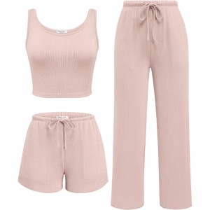 image:imageEkouaer Womens 3 Piece Lounge Set Soft Twisted Rib Knit Summer Vacation Outfits Crop Top Shorts amp Pants Set With PokcetChampagne