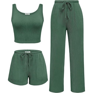 image:imageEkouaer Womens 3 Piece Lounge Set Soft Twisted Rib Knit Summer Vacation Outfits Crop Top Shorts amp Pants Set With PokcetGreen