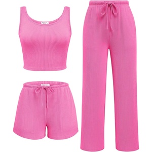 image:imageEkouaer Womens 3 Piece Lounge Set Soft Twisted Rib Knit Summer Vacation Outfits Crop Top Shorts amp Pants Set With PokcetHot Pink