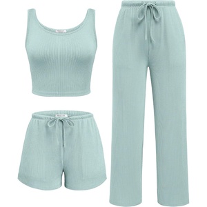 image:imageEkouaer Womens 3 Piece Lounge Set Soft Twisted Rib Knit Summer Vacation Outfits Crop Top Shorts amp Pants Set With PokcetIce Cream Green