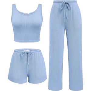 image:imageEkouaer Womens 3 Piece Lounge Set Soft Twisted Rib Knit Summer Vacation Outfits Crop Top Shorts amp Pants Set With PokcetLight Blue