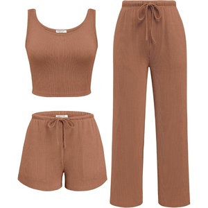 image:imageEkouaer Womens 3 Piece Lounge Set Soft Twisted Rib Knit Summer Vacation Outfits Crop Top Shorts amp Pants Set With PokcetLight Brown