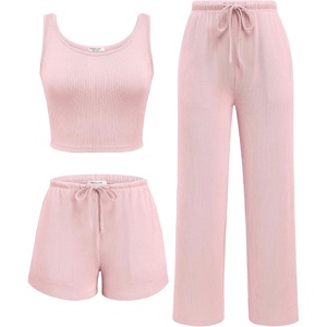 image:imageEkouaer Womens 3 Piece Lounge Set Soft Twisted Rib Knit Summer Vacation Outfits Crop Top Shorts amp Pants Set With PokcetLight Pink