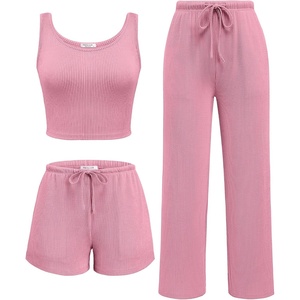 image:imageEkouaer Womens 3 Piece Lounge Set Soft Twisted Rib Knit Summer Vacation Outfits Crop Top Shorts amp Pants Set With PokcetPink