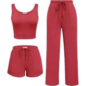 image:imageEkouaer Womens 3 Piece Lounge Set Soft Twisted Rib Knit Summer Vacation Outfits Crop Top Shorts amp Pants Set With PokcetRed
