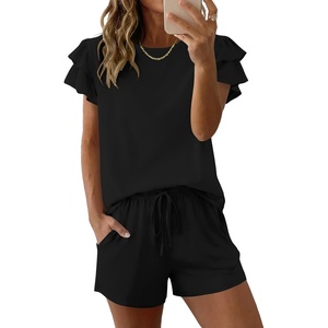 image:imageEkouaer Womens Pajama Sets 2 Piece Ruffle Sleeves Top and Shorts Pjs Soft Sleepwear Cute Loungewear set with PocketsBlack
