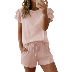 image:imageEkouaer Womens Pajama Sets 2 Piece Ruffle Sleeves Top and Shorts Pjs Soft Sleepwear Cute Loungewear set with PocketsLight Pink