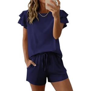 image:imageEkouaer Womens Pajama Sets 2 Piece Ruffle Sleeves Top and Shorts Pjs Soft Sleepwear Cute Loungewear set with PocketsNavy Blue