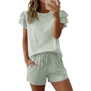 image:imageEkouaer Womens Pajama Sets 2 Piece Ruffle Sleeves Top and Shorts Pjs Soft Sleepwear Cute Loungewear set with PocketsSage Green