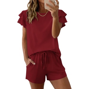 image:imageEkouaer Womens Pajama Sets 2 Piece Ruffle Sleeves Top and Shorts Pjs Soft Sleepwear Cute Loungewear set with PocketsWine Red