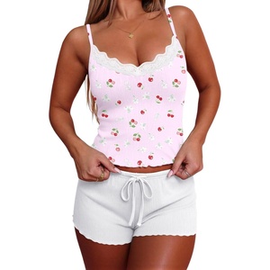 image:imageEkouaer Womens Pajama Sets 2 Piece Sexy Lingerie Sleepwear with Pockets Lightweight Lace Cami Shorts Adjustable Straps PjsLilac Cherry
