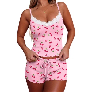 image:imageEkouaer Womens Pajama Sets 2 Piece Sexy Lingerie Sleepwear with Pockets Lightweight Lace Cami Shorts Adjustable Straps PjsPink Cherry