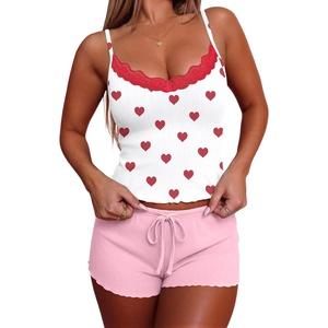image:imageEkouaer Womens Pajama Sets 2 Piece Sexy Lingerie Sleepwear with Pockets Lightweight Lace Cami Shorts Adjustable Straps PjsRed Heart
