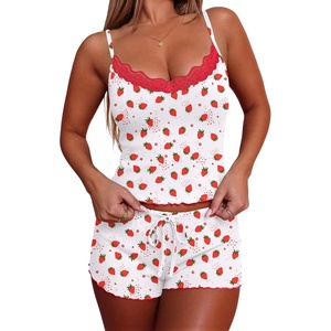 image:imageEkouaer Womens Pajama Sets 2 Piece Sexy Lingerie Sleepwear with Pockets Lightweight Lace Cami Shorts Adjustable Straps PjsStrawberry
