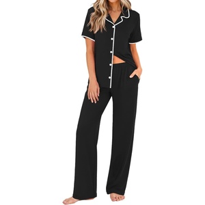 image:imageEkouaer Womens Pajama Sets Button Down Loungewear Short Sleeve Sleepwear 2 Piece Pants Pjs Set with Pockets SXXLBlack