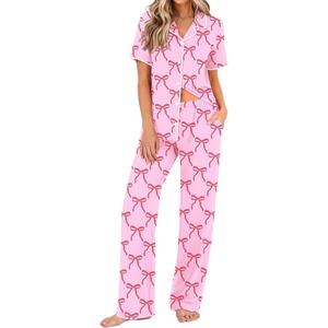image:imageEkouaer Womens Pajama Sets Button Down Loungewear Short Sleeve Sleepwear 2 Piece Pants Pjs Set with Pockets SXXLPink Bow Knot