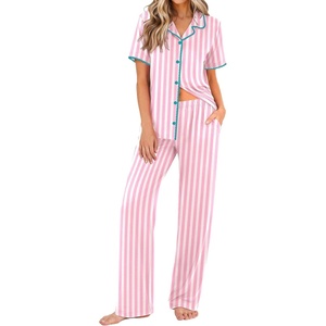 image:imageEkouaer Womens Pajama Sets Button Down Loungewear Short Sleeve Sleepwear 2 Piece Pants Pjs Set with Pockets SXXLPink Stripe