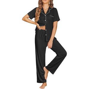 image:imageEkouaer Womens Pajama Sets Button Down Pjs Lounge Sets 2 Piece Short Sleeve Sleepwear Soft Comfy LoungewearBlack