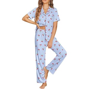 image:imageEkouaer Womens Pajama Sets Button Down Pjs Lounge Sets 2 Piece Short Sleeve Sleepwear Soft Comfy LoungewearCherry
