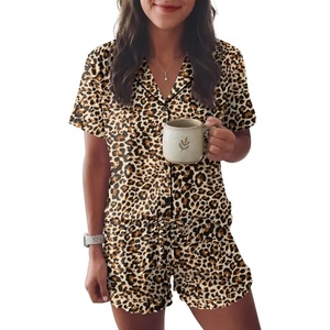 image:imageEkouaer Womens Pajama Sets Button Down Short Sleeve Top and Shorts Cute Ruffled Pjs Sets SleepwearCheetah
