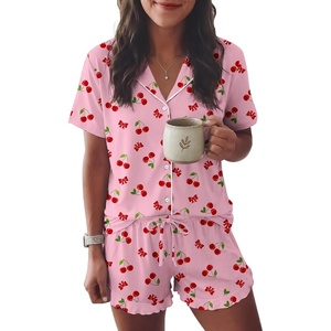 image:imageEkouaer Womens Pajama Sets Button Down Short Sleeve Top and Shorts Cute Ruffled Pjs Sets SleepwearCherry