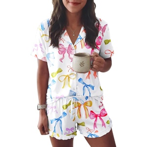 image:imageEkouaer Womens Pajama Sets Button Down Short Sleeve Top and Shorts Cute Ruffled Pjs Sets SleepwearColorful Bow