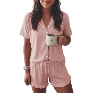 image:imageEkouaer Womens Pajama Sets Button Down Short Sleeve Top and Shorts Cute Ruffled Pjs Sets SleepwearLight Pink
