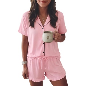 image:imageEkouaer Womens Pajama Sets Button Down Short Sleeve Top and Shorts Cute Ruffled Pjs Sets SleepwearPink