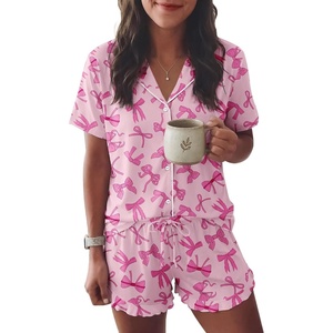 image:imageEkouaer Womens Pajama Sets Button Down Short Sleeve Top and Shorts Cute Ruffled Pjs Sets SleepwearPink Bow