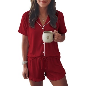 image:imageEkouaer Womens Pajama Sets Button Down Short Sleeve Top and Shorts Cute Ruffled Pjs Sets SleepwearRed