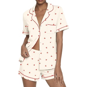 image:imageEkouaer Womens Pajama Sets Button Up Summer Pjs 2 Piece Short Sleeve Sleepwear Lounge Set SXXLLight Yellow With Cherry